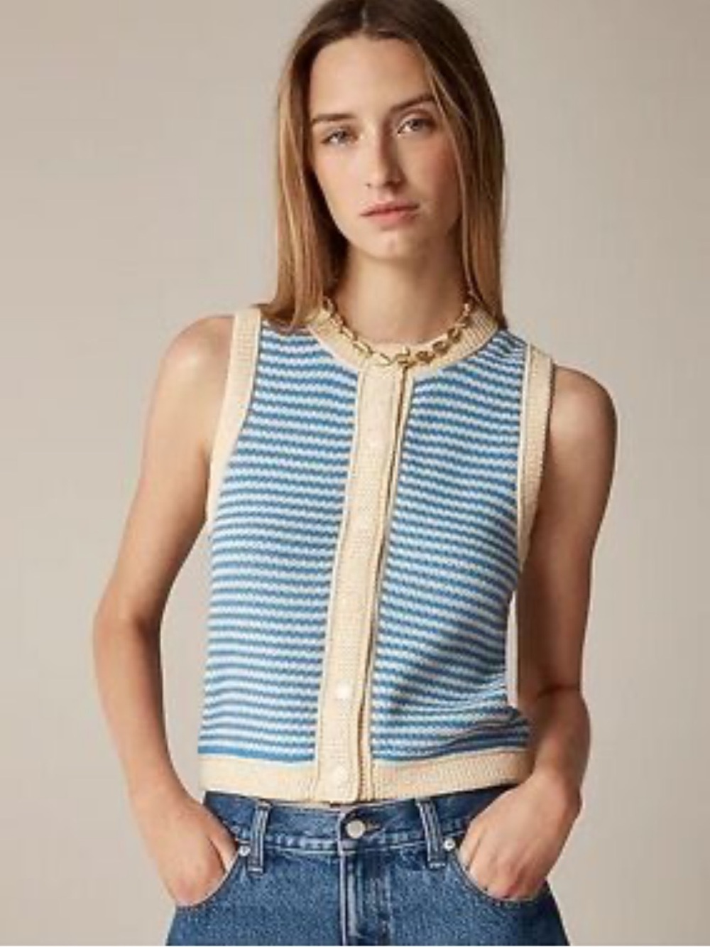 J. Crew Stripped Blue and Cream Sleeveless Knit Top Cotton